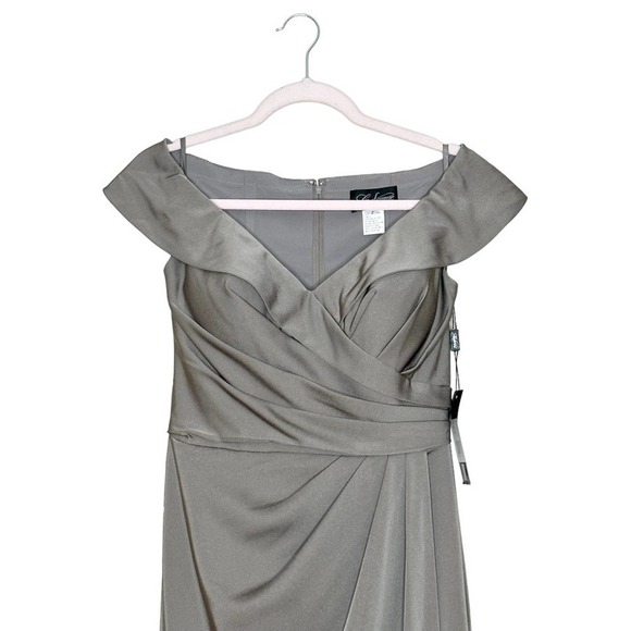 La Femme Gown Ruched Off Shoulder Formal Dress Pewter Sz 2 - Picture 4 of 9